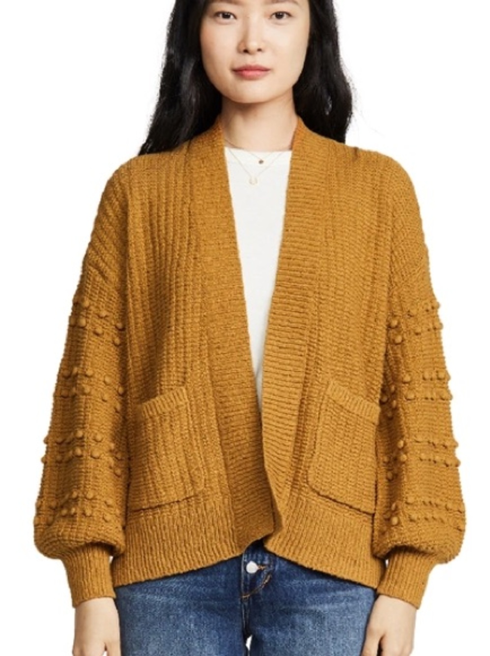 Madewell Mustard Bobble-Sleeve Open-Front Cardigan